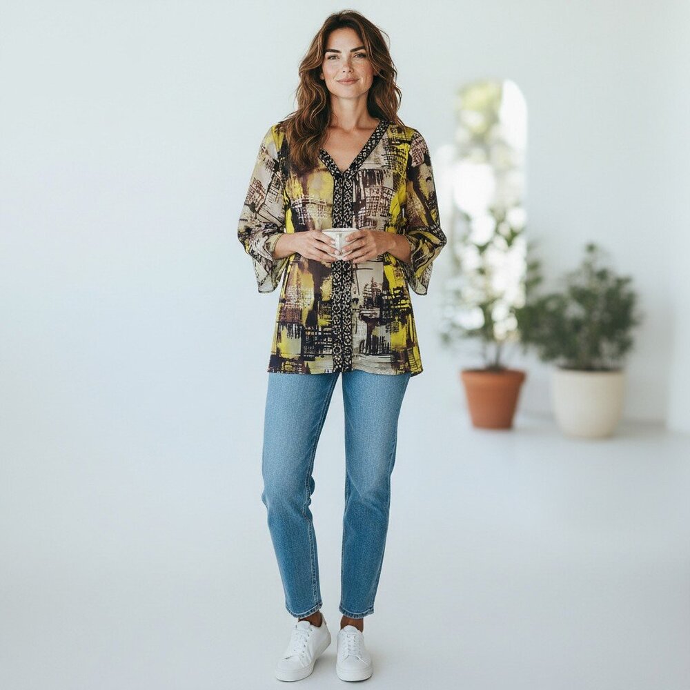 Alfani Beaded Tunic Top Women's L Pullover Stretch V Neck 3/4 Sleeve 100% Nylon